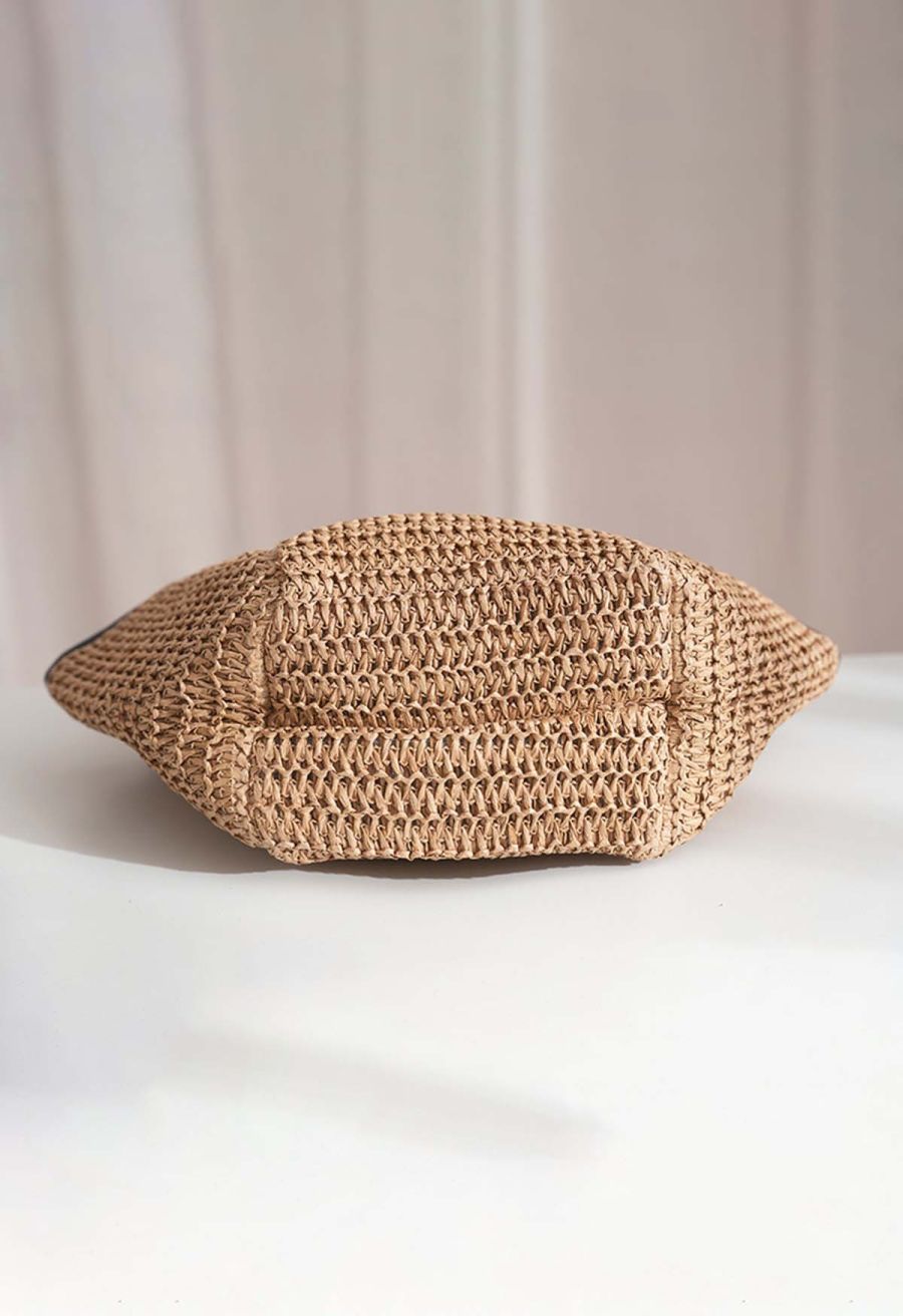 Contrast Binding Handmade Woven Straw Bag