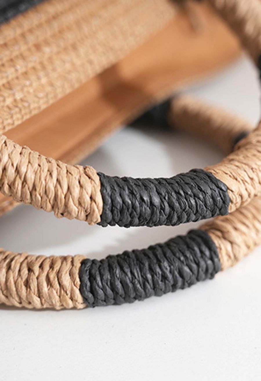 Round Handle Striped Woven Straw Bag