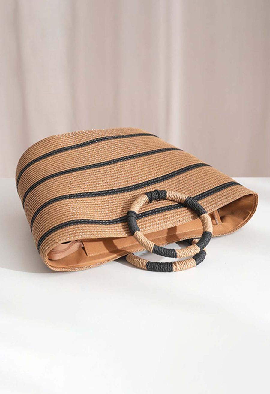 Round Handle Striped Woven Straw Bag