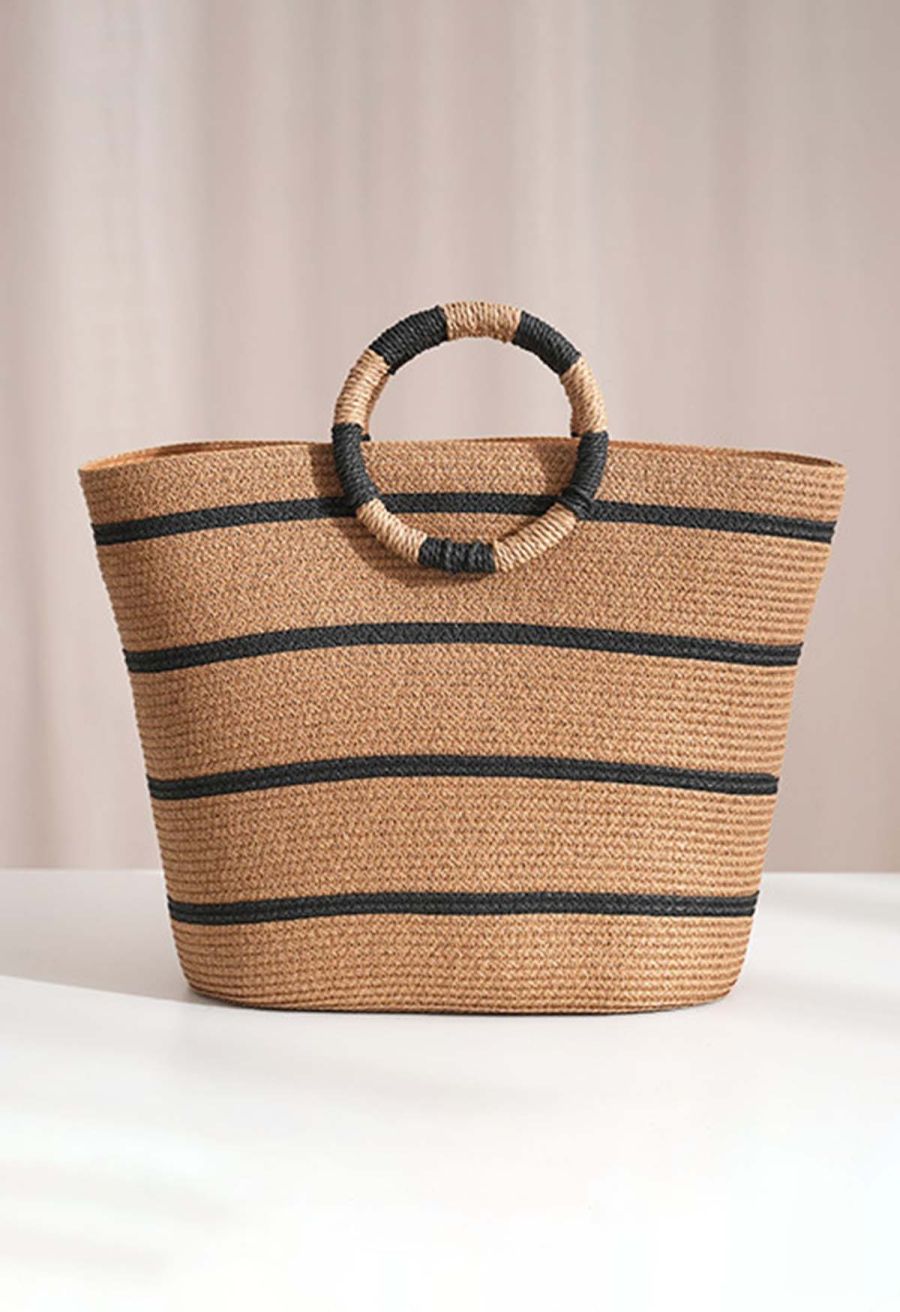 Round Handle Striped Woven Straw Bag