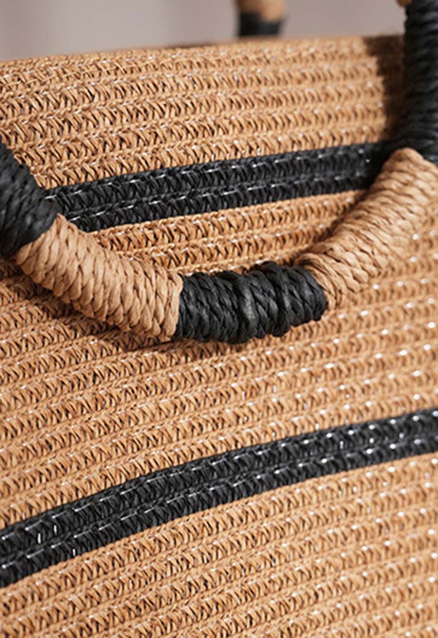 Round Handle Striped Woven Straw Bag