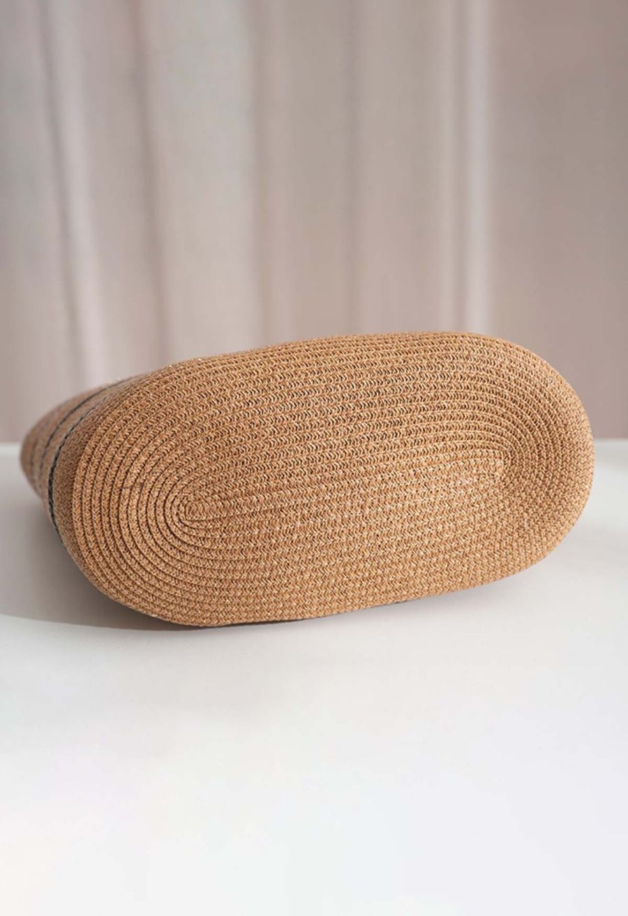 Round Handle Striped Woven Straw Bag