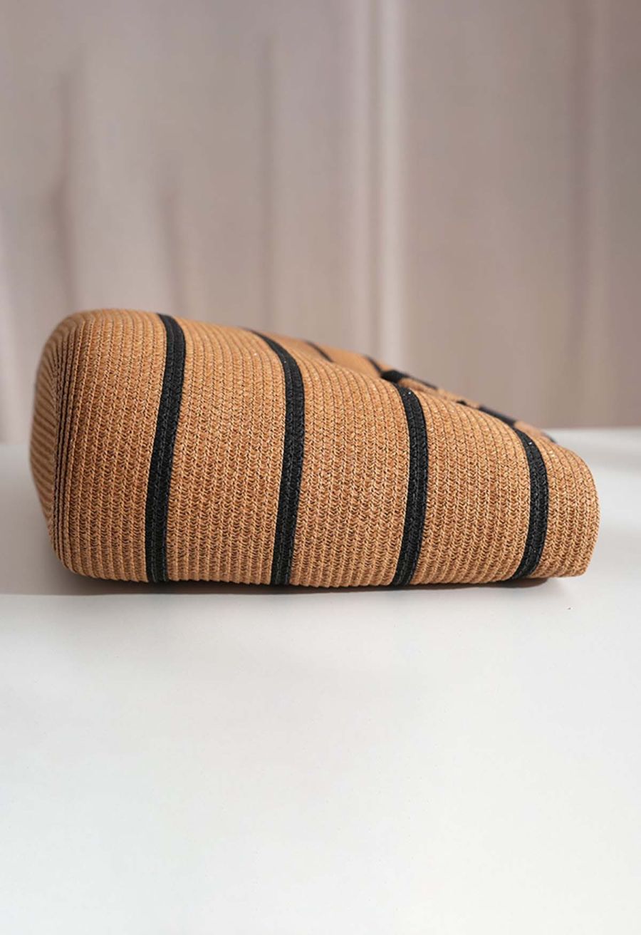 Round Handle Striped Woven Straw Bag