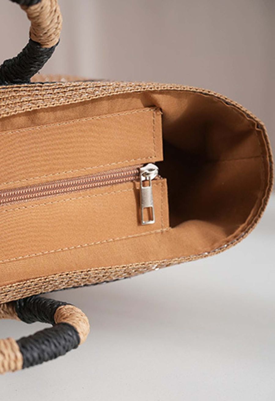 Round Handle Striped Woven Straw Bag