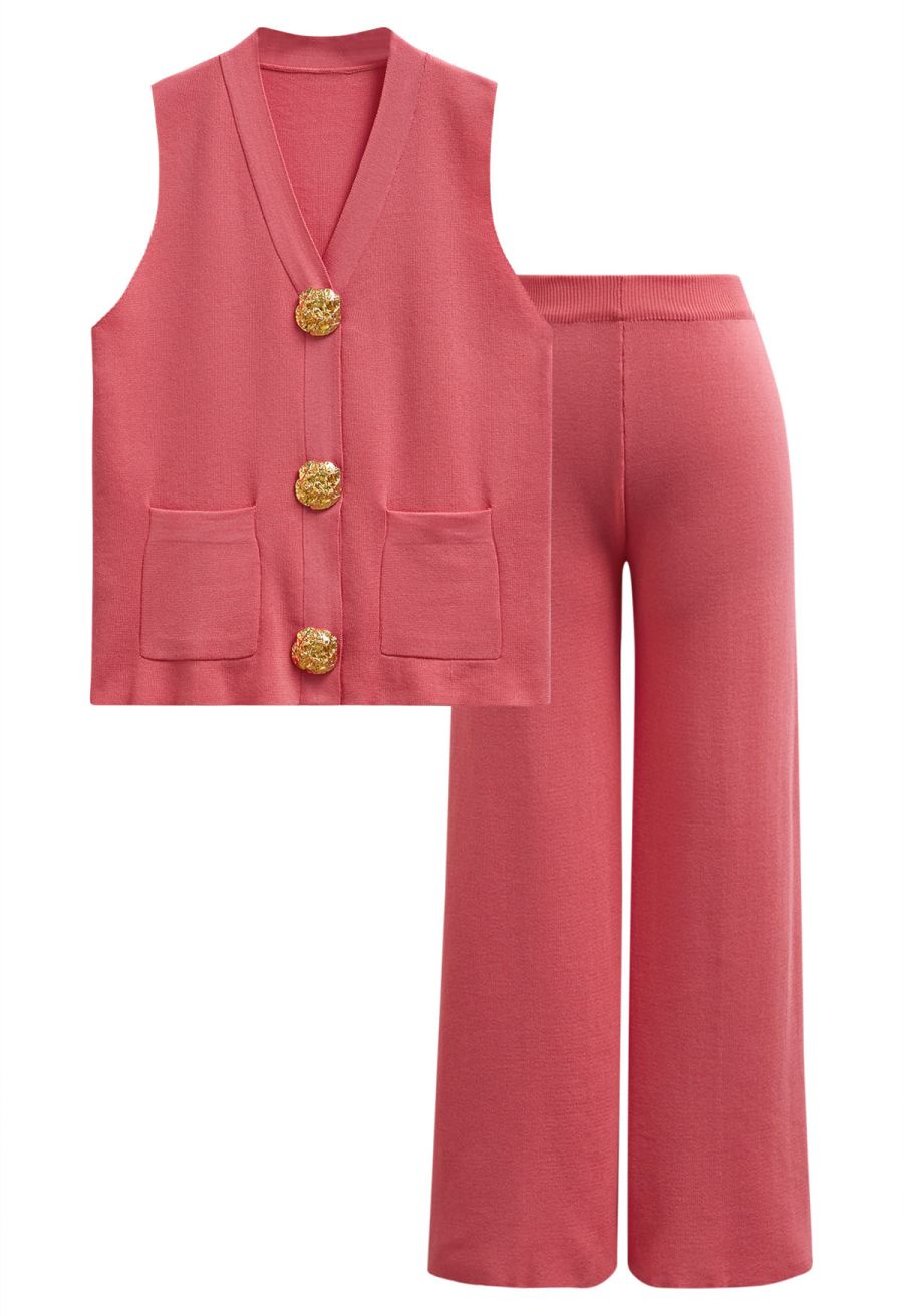 Golden Button Knit Vest and Pants Set in Coral