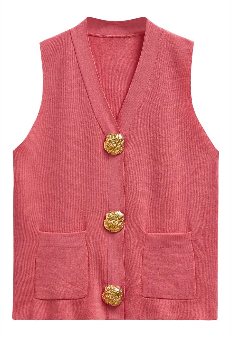 Golden Button Knit Vest and Pants Set in Coral