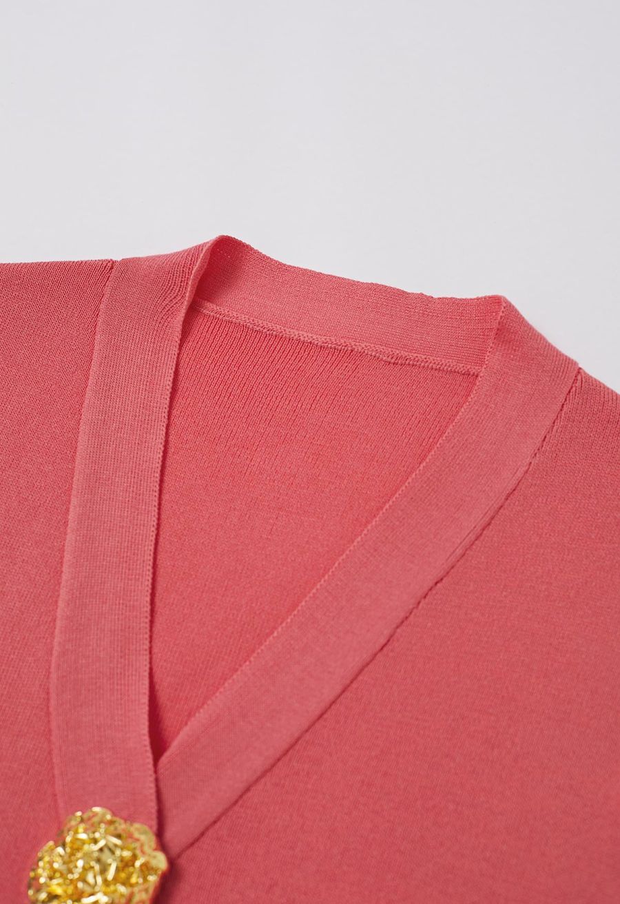 Golden Button Knit Vest and Pants Set in Coral