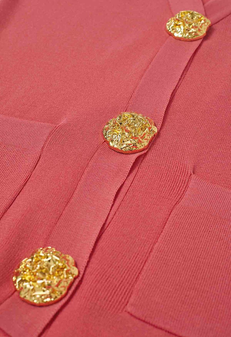 Golden Button Knit Vest and Pants Set in Coral
