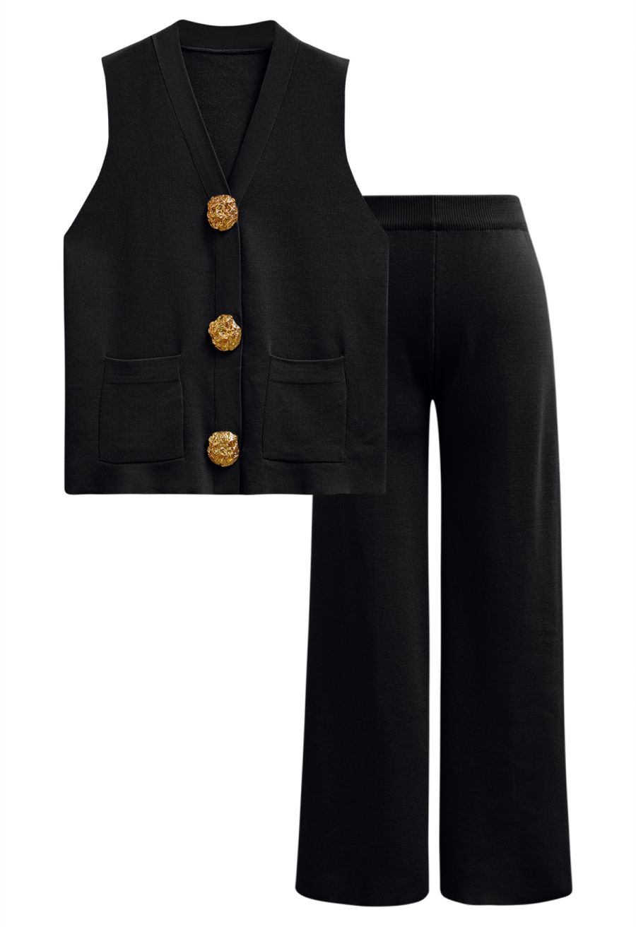 Golden Button Knit Vest and Pants Set in Black