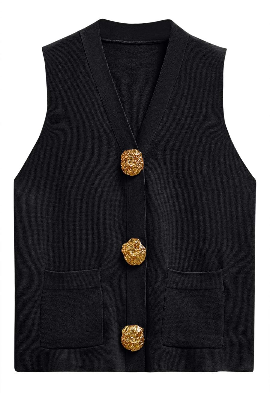 Golden Button Knit Vest and Pants Set in Black