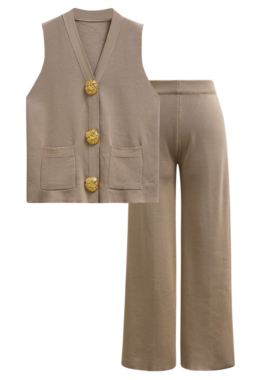 Golden Button Knit Vest and Pants Set in Camel