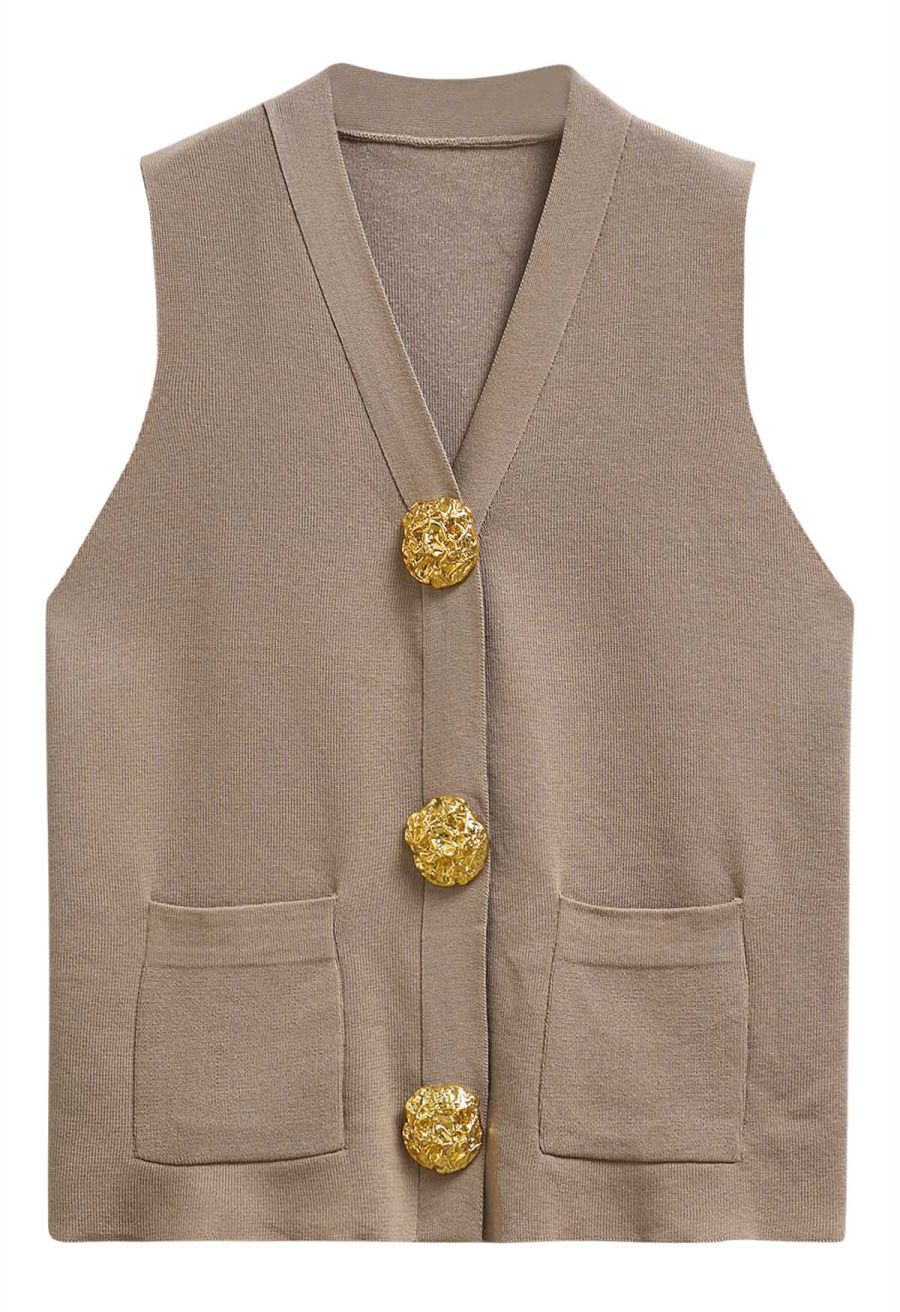 Golden Button Knit Vest and Pants Set in Camel