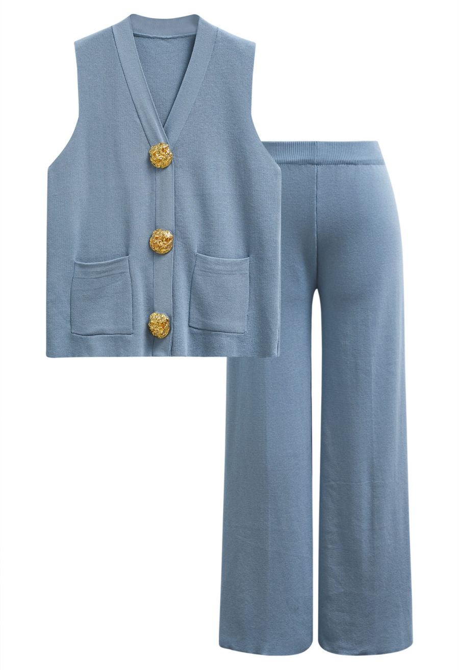 Golden Button Knit Vest and Pants Set in Blue