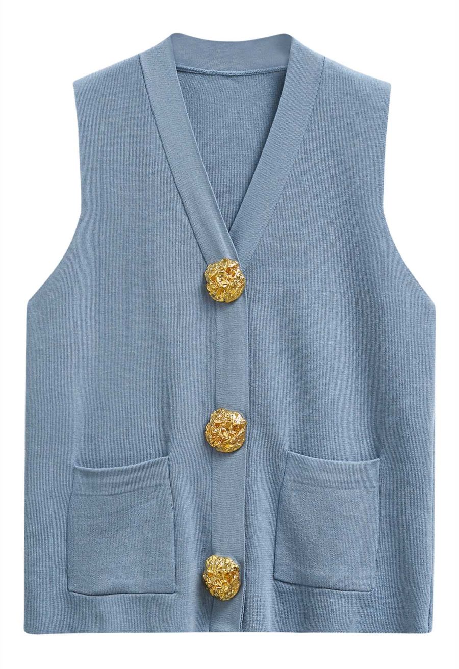 Golden Button Knit Vest and Pants Set in Blue