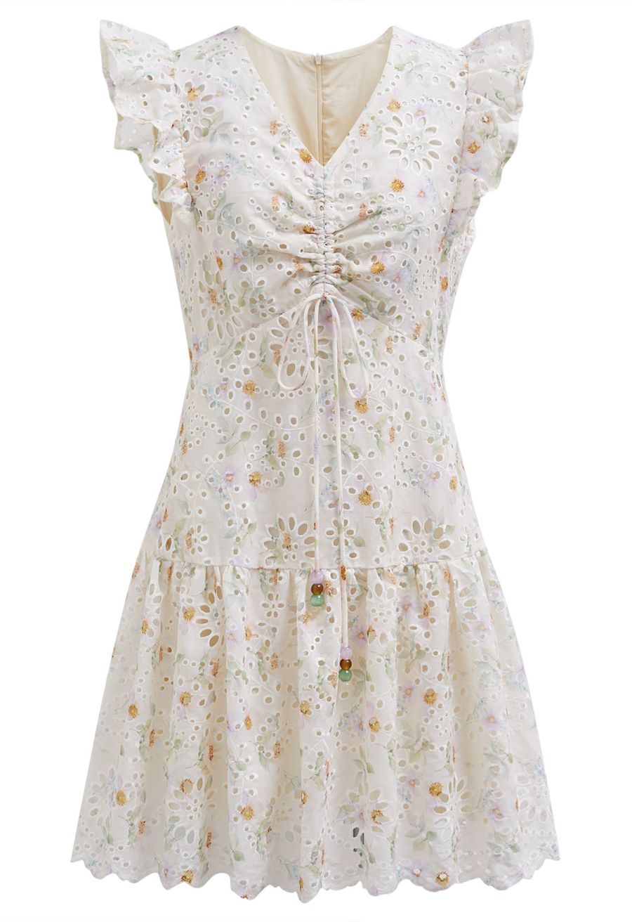 Floral Eyelet Embroidered Drawstring Ruffle Shoulder Dress
