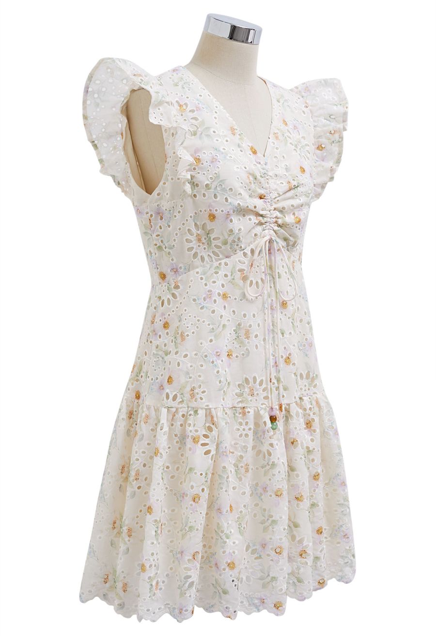 Floral Eyelet Embroidered Drawstring Ruffle Shoulder Dress