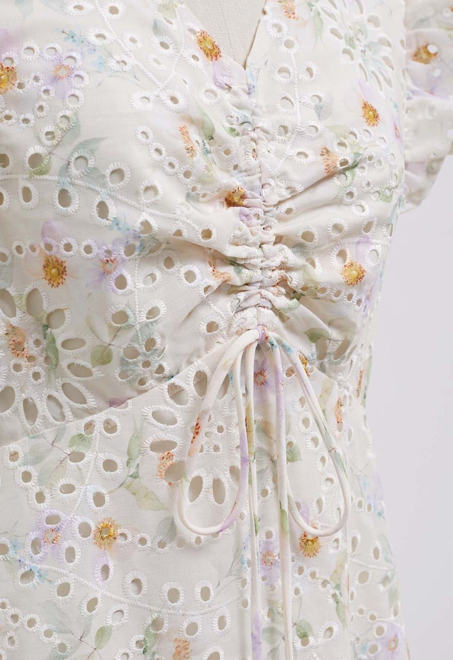 Floral Eyelet Embroidered Drawstring Ruffle Shoulder Dress