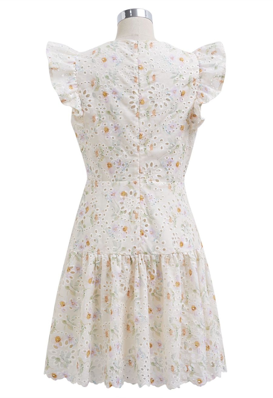 Floral Eyelet Embroidered Drawstring Ruffle Shoulder Dress