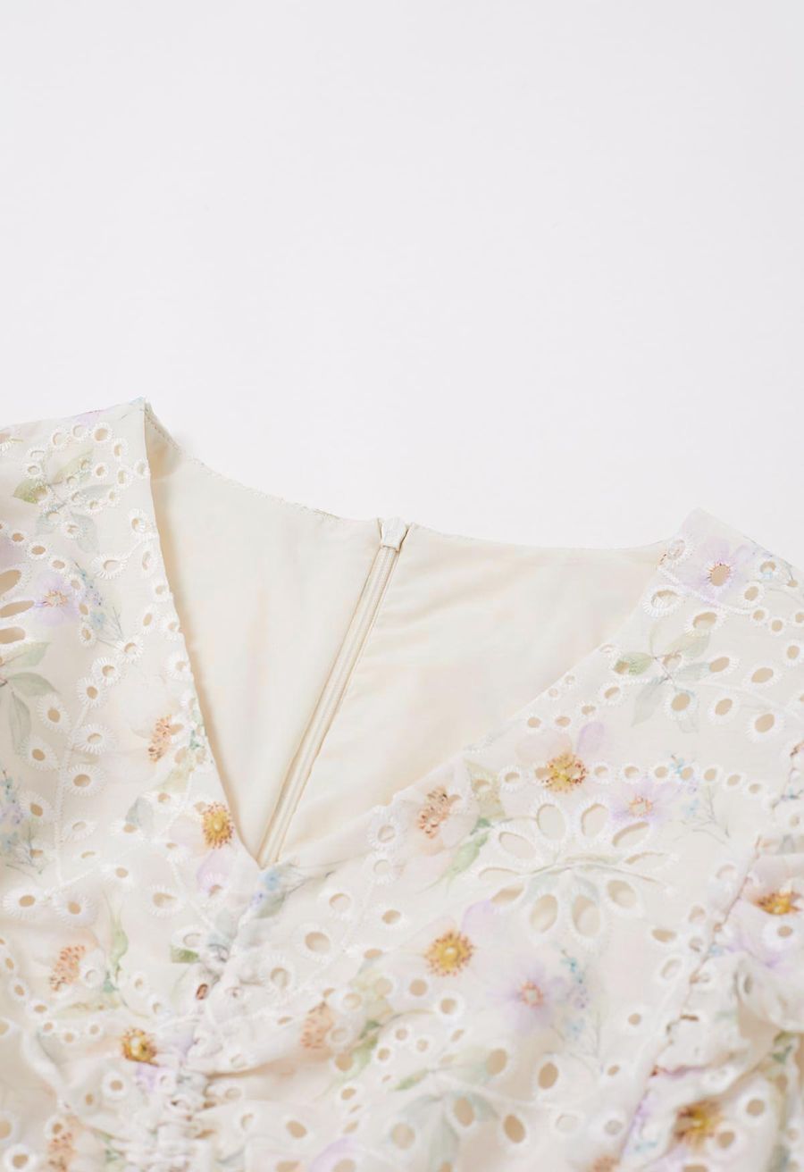 Floral Eyelet Embroidered Drawstring Ruffle Shoulder Dress