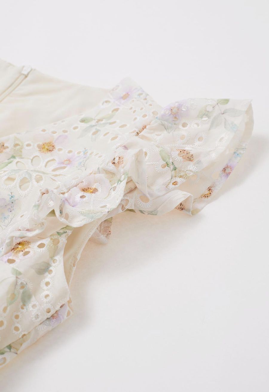 Floral Eyelet Embroidered Drawstring Ruffle Shoulder Dress
