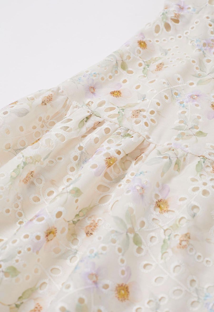 Floral Eyelet Embroidered Drawstring Ruffle Shoulder Dress