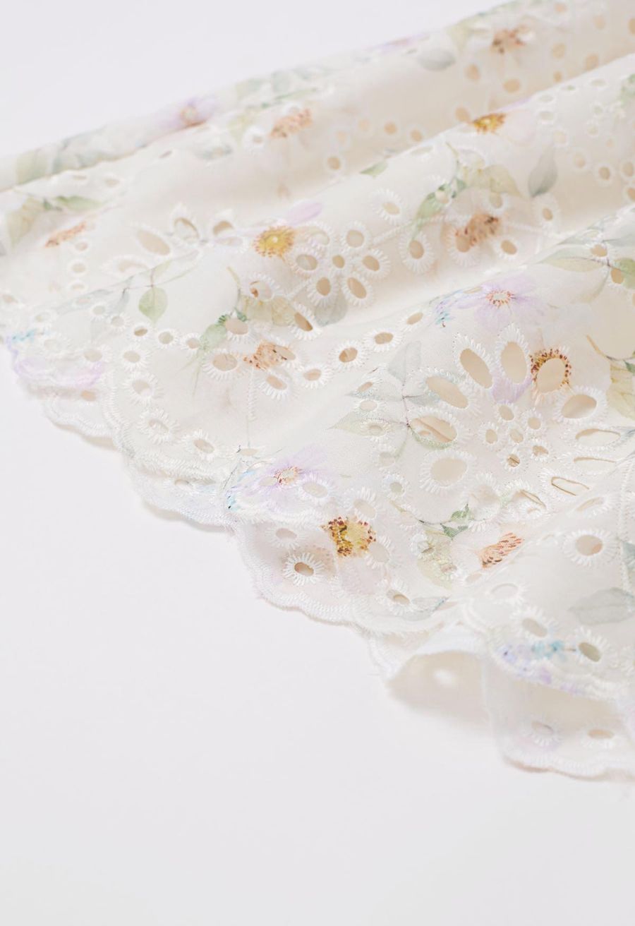 Floral Eyelet Embroidered Drawstring Ruffle Shoulder Dress