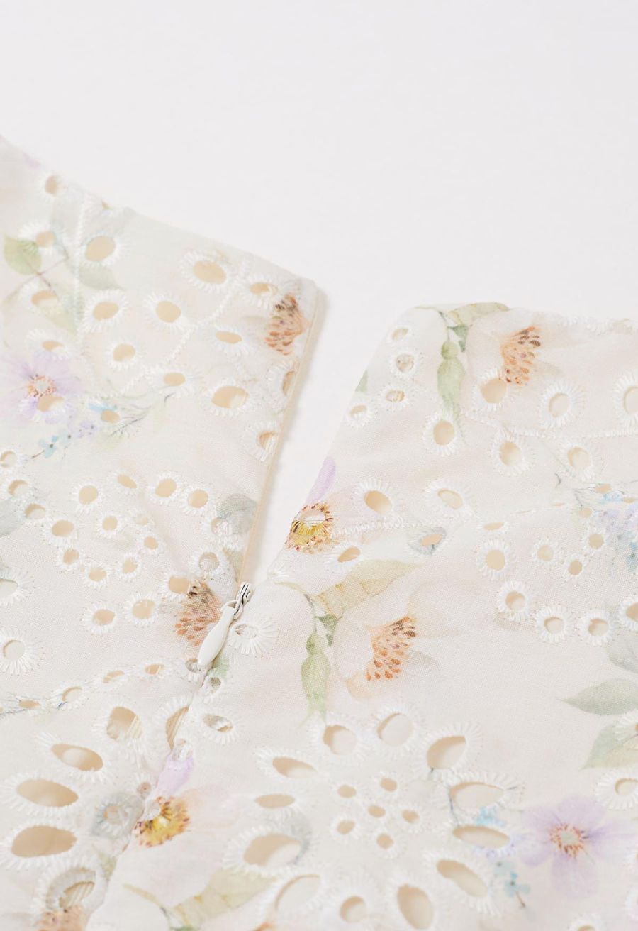 Floral Eyelet Embroidered Drawstring Ruffle Shoulder Dress