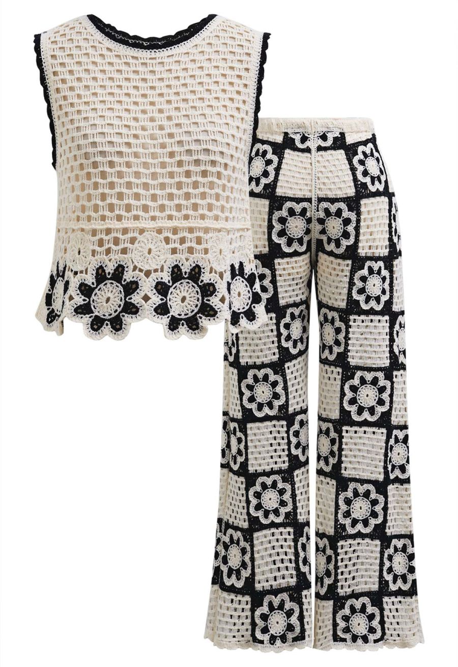 Contrast Floral Crochet Patchwork Sleeveless Top and Pants Set