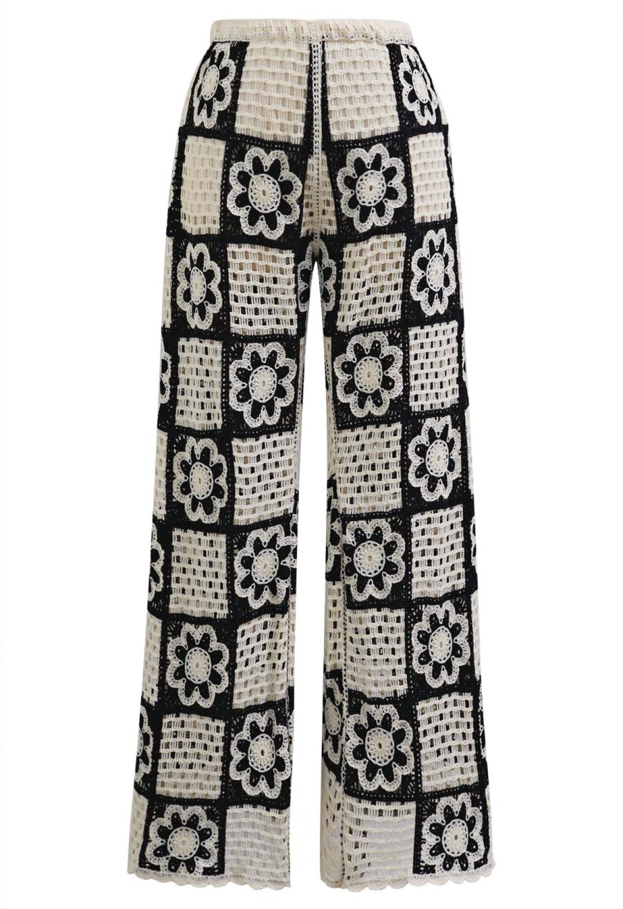 Contrast Floral Crochet Patchwork Sleeveless Top and Pants Set