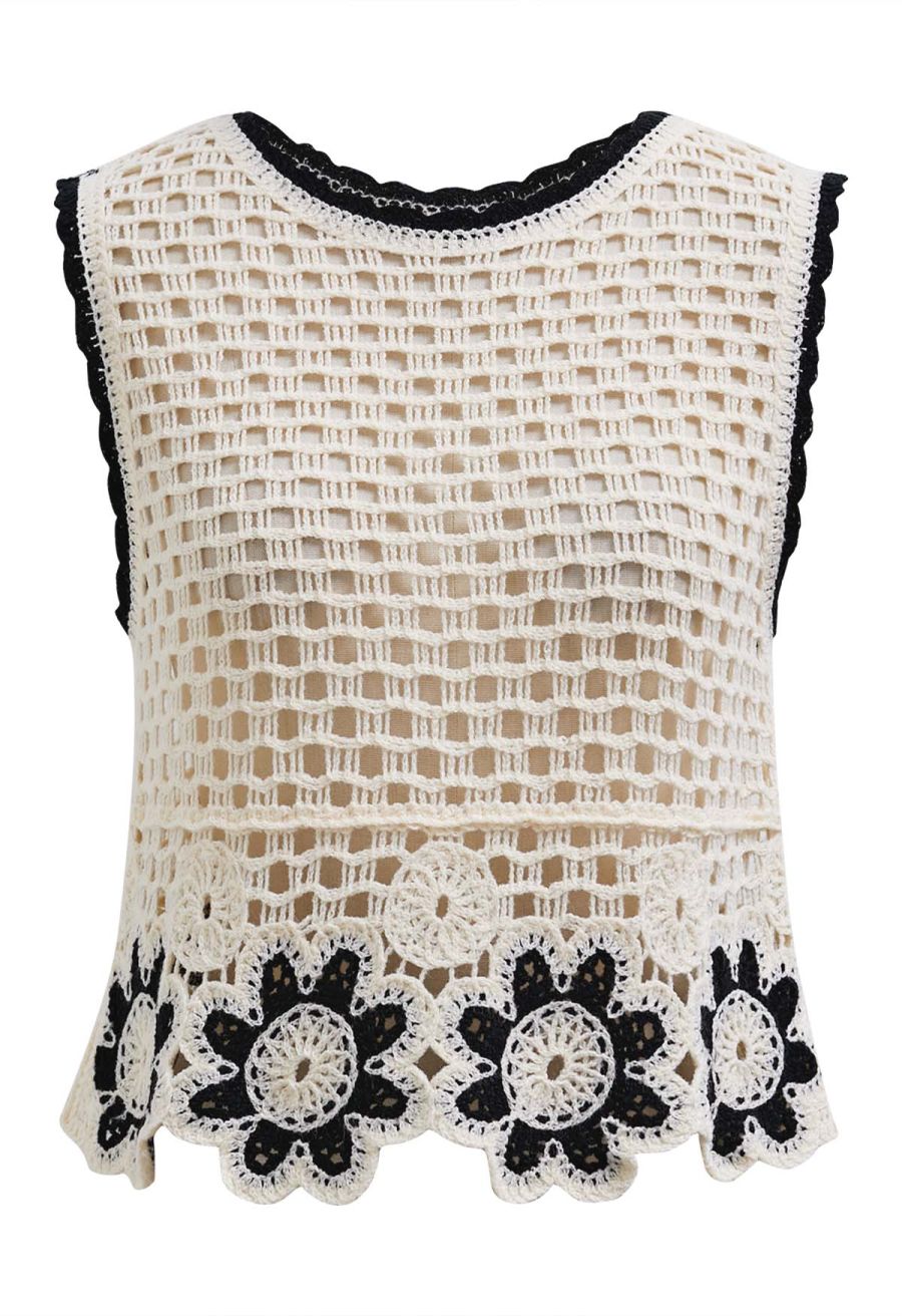 Contrast Floral Crochet Patchwork Sleeveless Top and Pants Set