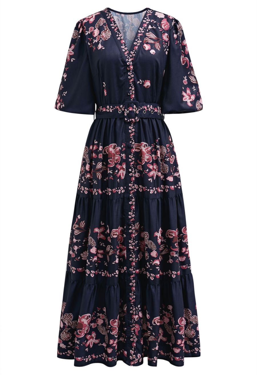 Falling Pink Blossom V-Neck Belted Buttoned Midi Dress