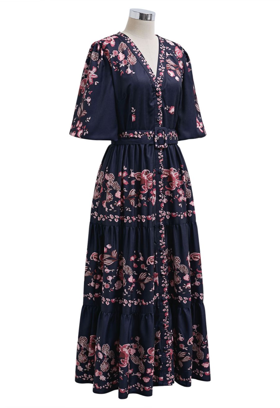 Falling Pink Blossom V-Neck Belted Buttoned Midi Dress