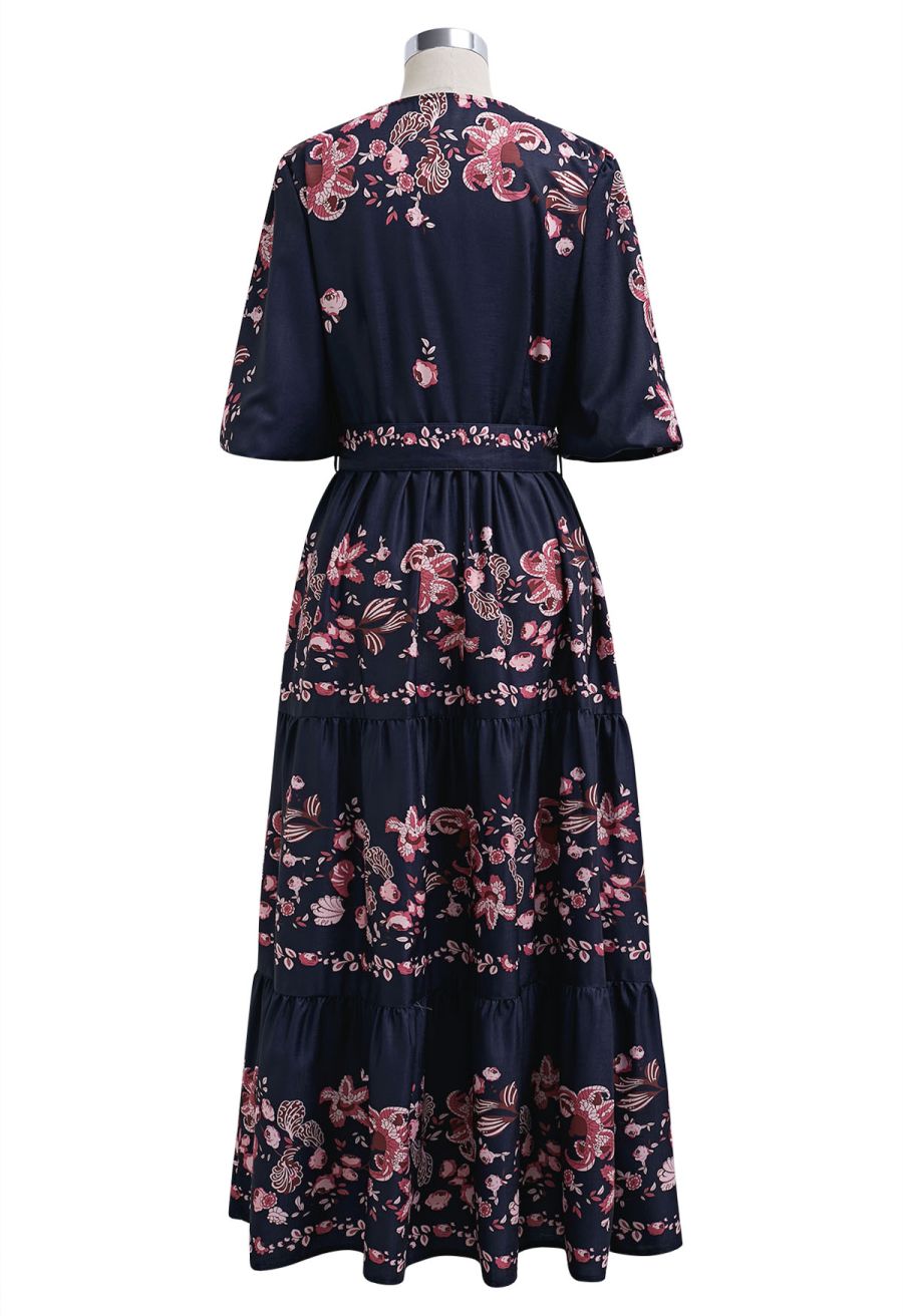 Falling Pink Blossom V-Neck Belted Buttoned Midi Dress