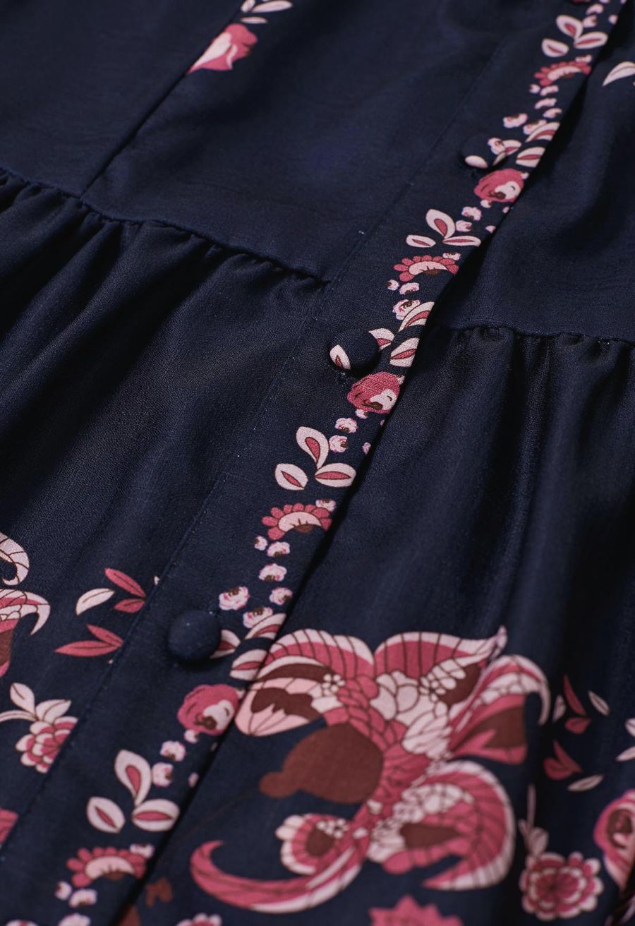 Falling Pink Blossom V-Neck Belted Buttoned Midi Dress