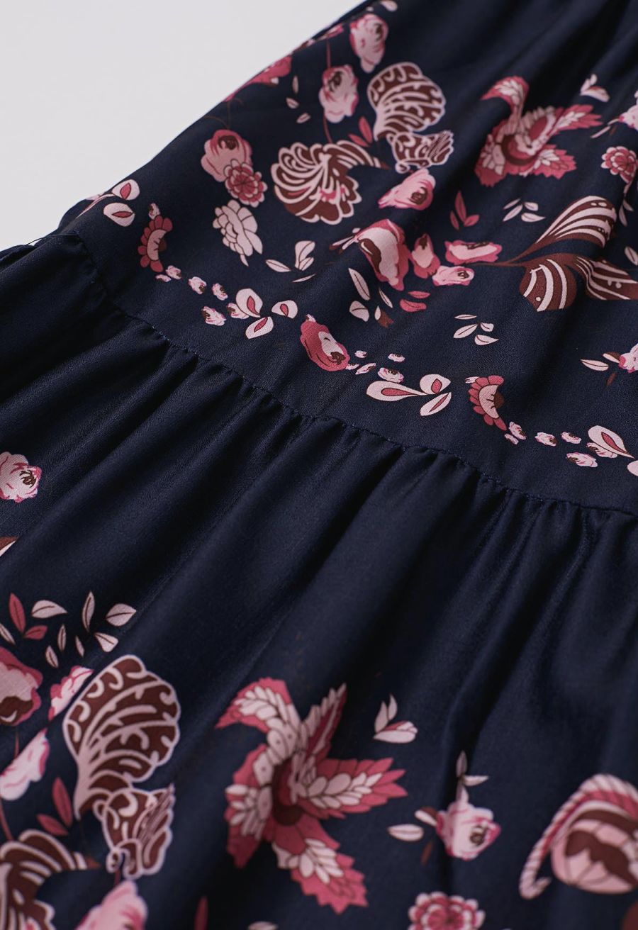 Falling Pink Blossom V-Neck Belted Buttoned Midi Dress