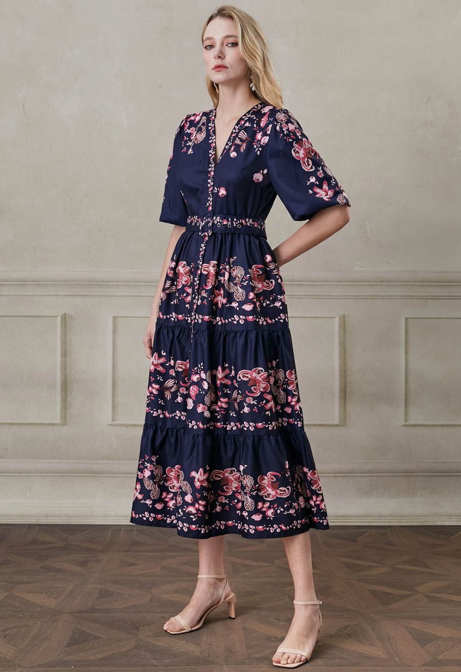 Falling Pink Blossom V-Neck Belted Buttoned Midi Dress