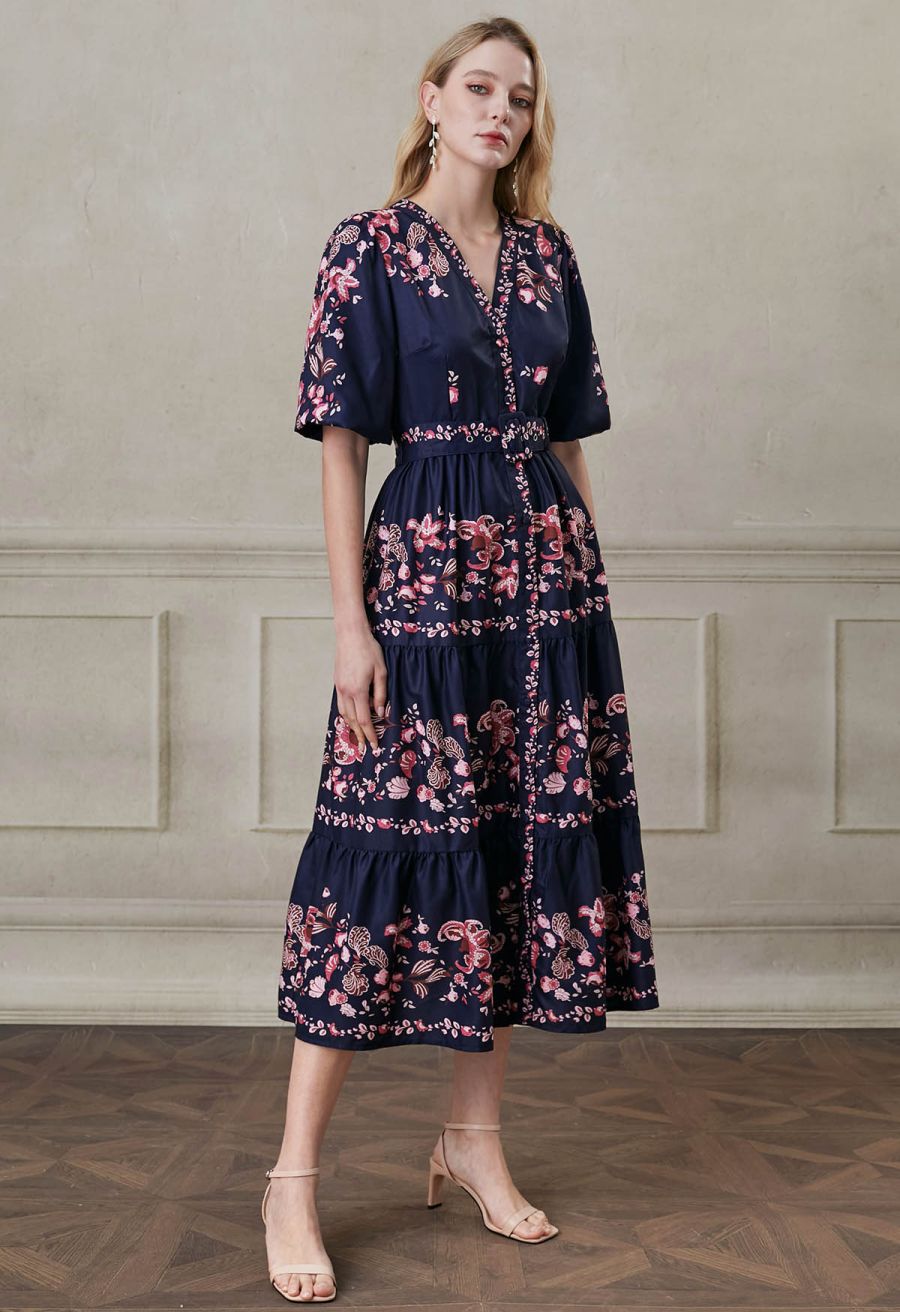 Falling Pink Blossom V-Neck Belted Buttoned Midi Dress