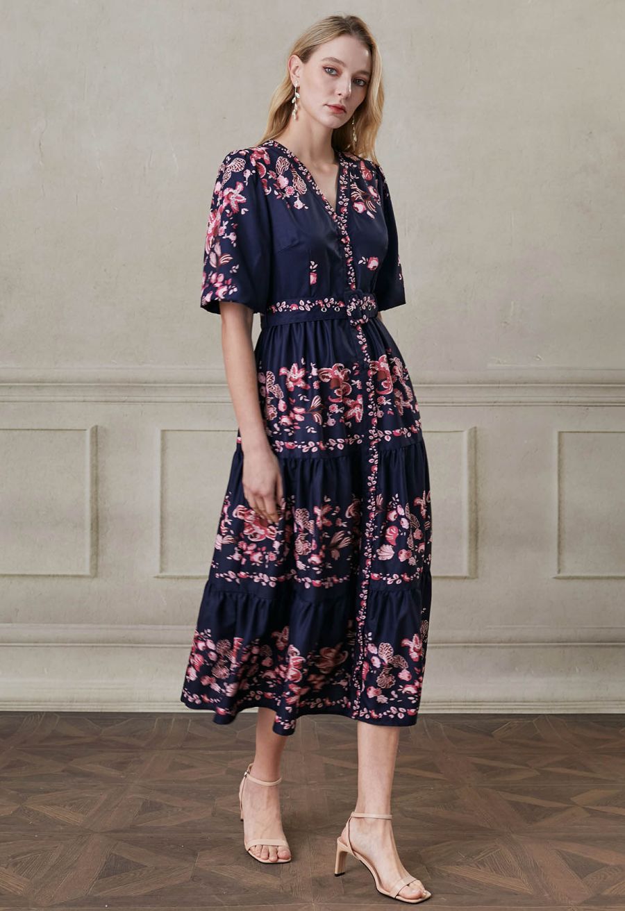 Falling Pink Blossom V-Neck Belted Buttoned Midi Dress