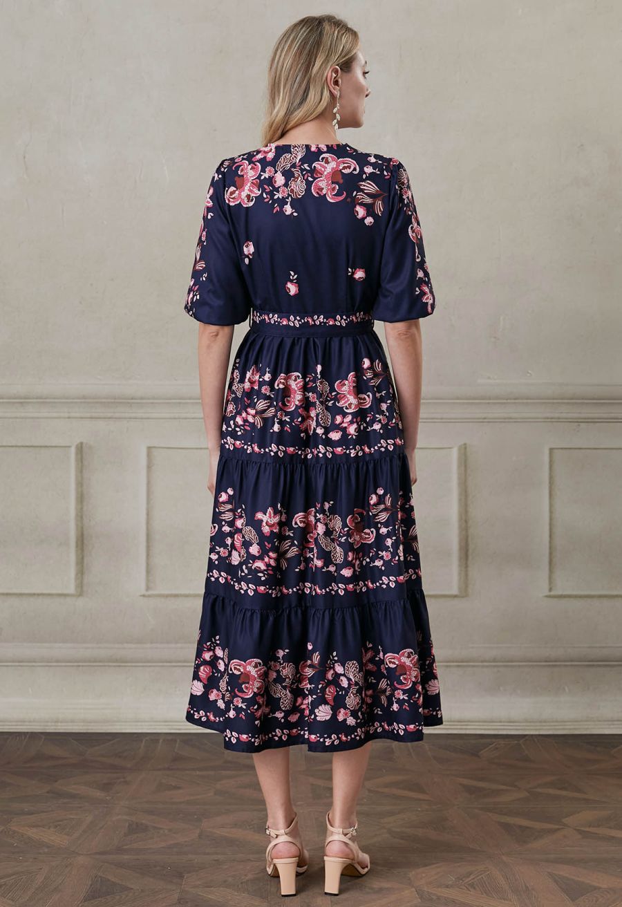 Falling Pink Blossom V-Neck Belted Buttoned Midi Dress