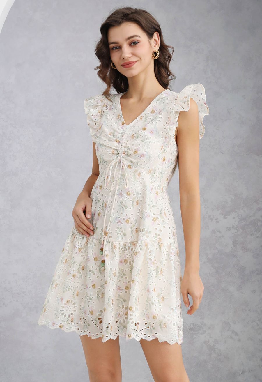Floral Eyelet Embroidered Drawstring Ruffle Shoulder Dress