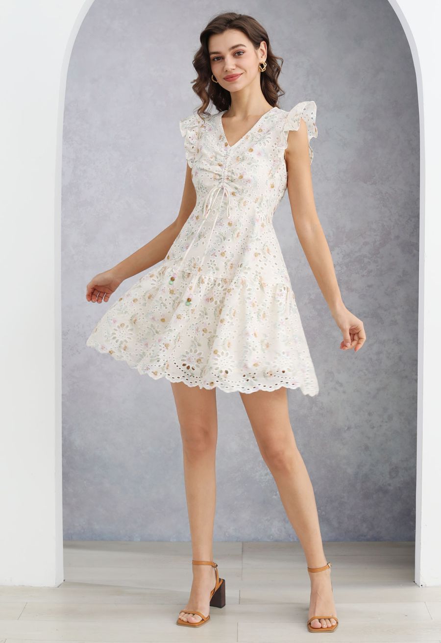 Floral Eyelet Embroidered Drawstring Ruffle Shoulder Dress