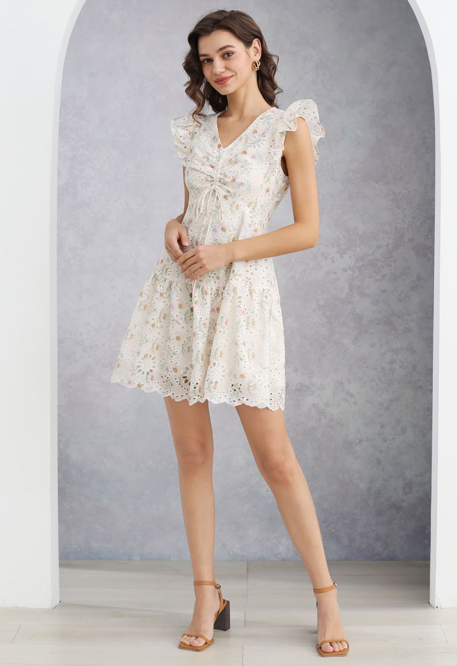Floral Eyelet Embroidered Drawstring Ruffle Shoulder Dress