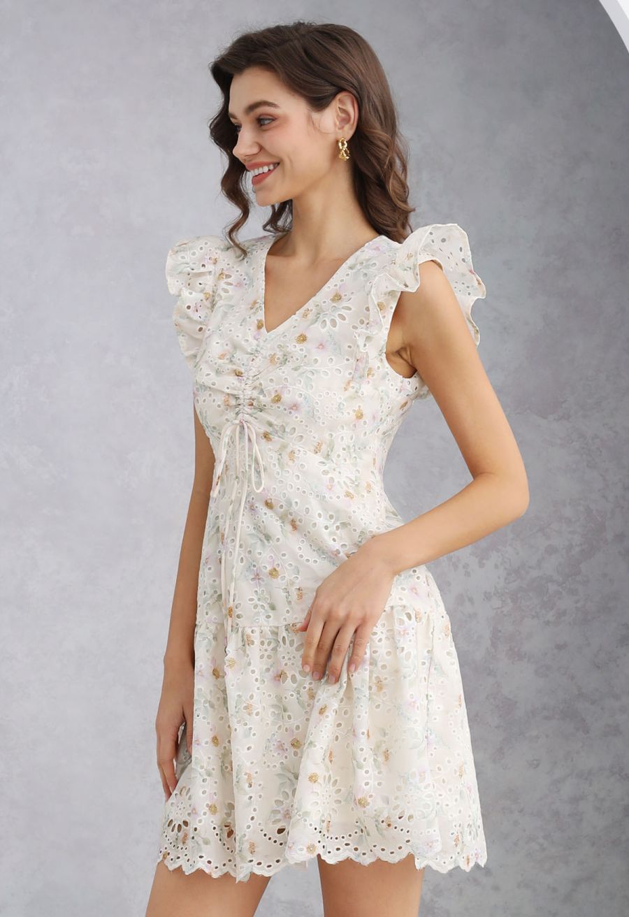 Floral Eyelet Embroidered Drawstring Ruffle Shoulder Dress