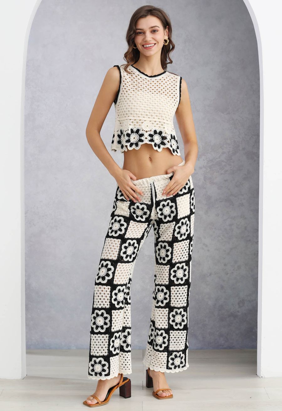 Contrast Floral Crochet Patchwork Sleeveless Top and Pants Set