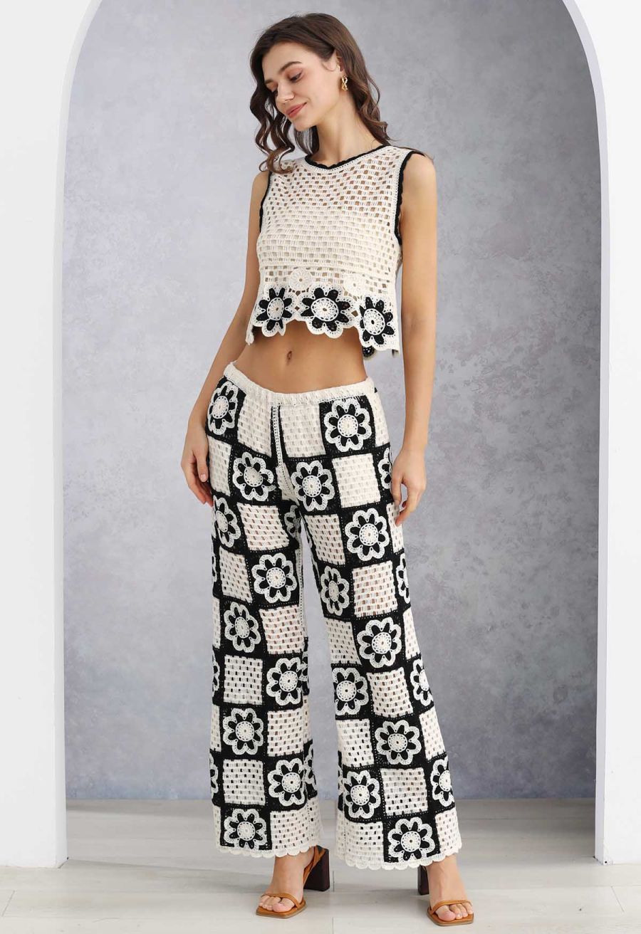 Contrast Floral Crochet Patchwork Sleeveless Top and Pants Set