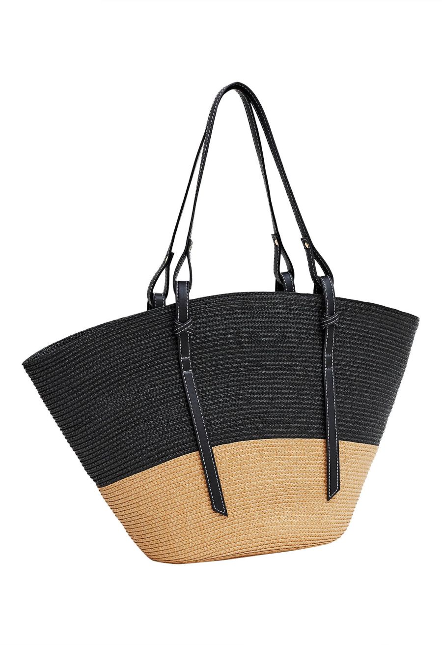 Two-Tone Faux Leather Handle Woven Straw Bag