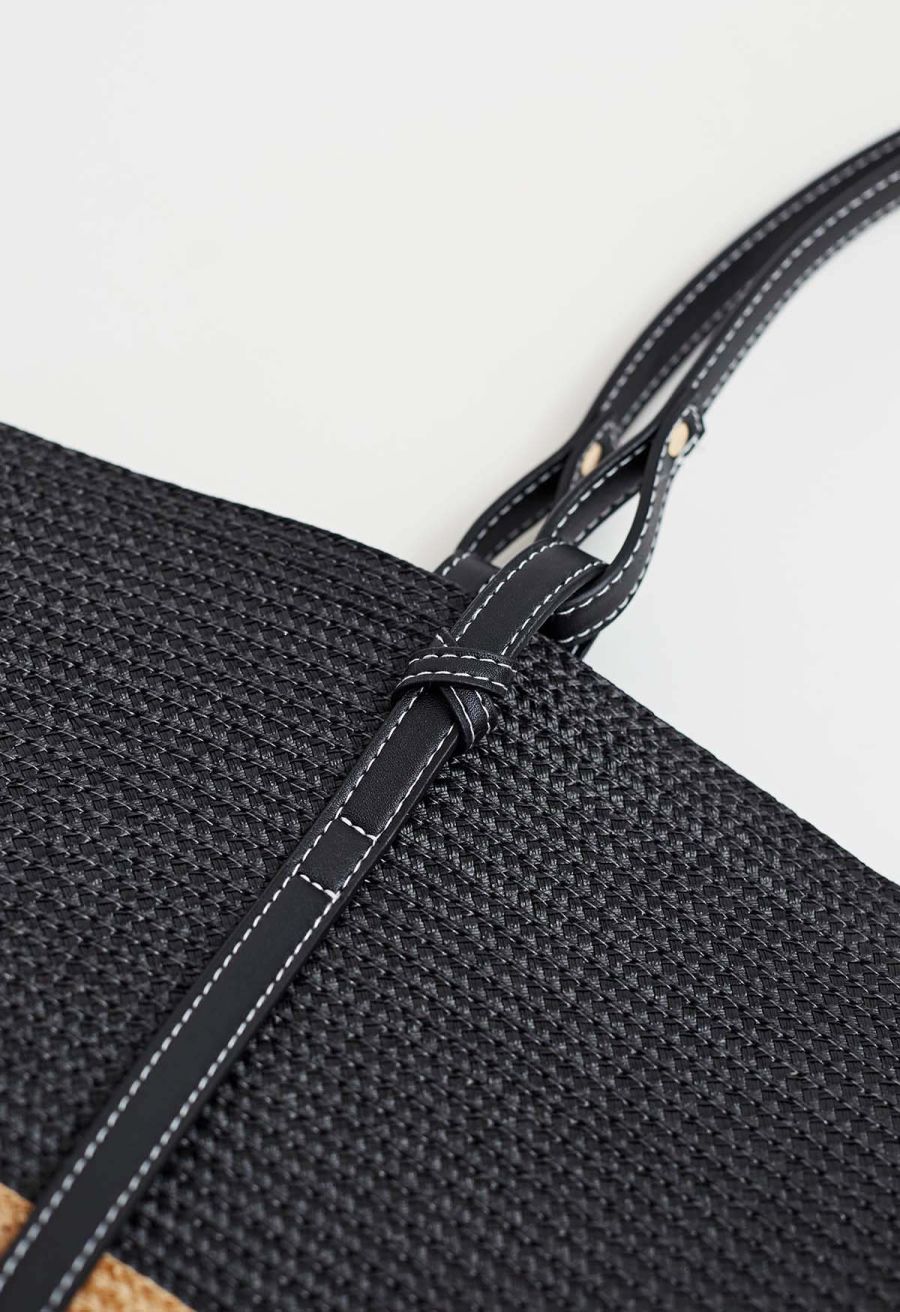 Two-Tone Faux Leather Handle Woven Straw Bag