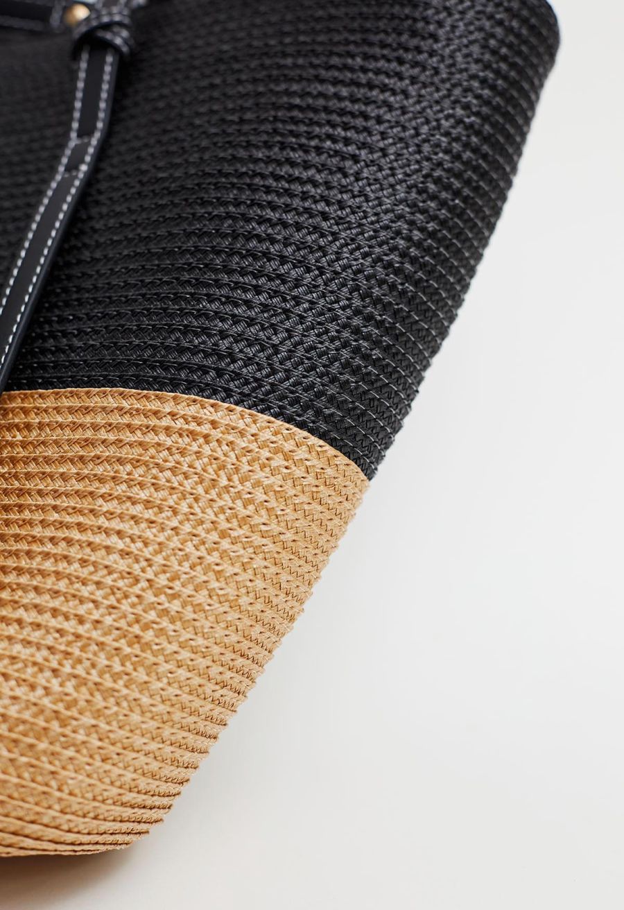 Two-Tone Faux Leather Handle Woven Straw Bag