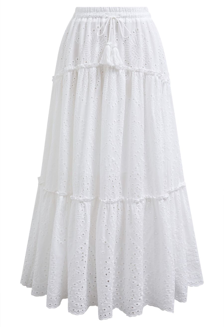 Eyelet Embroidery Tassel String Maxi Skirt in White