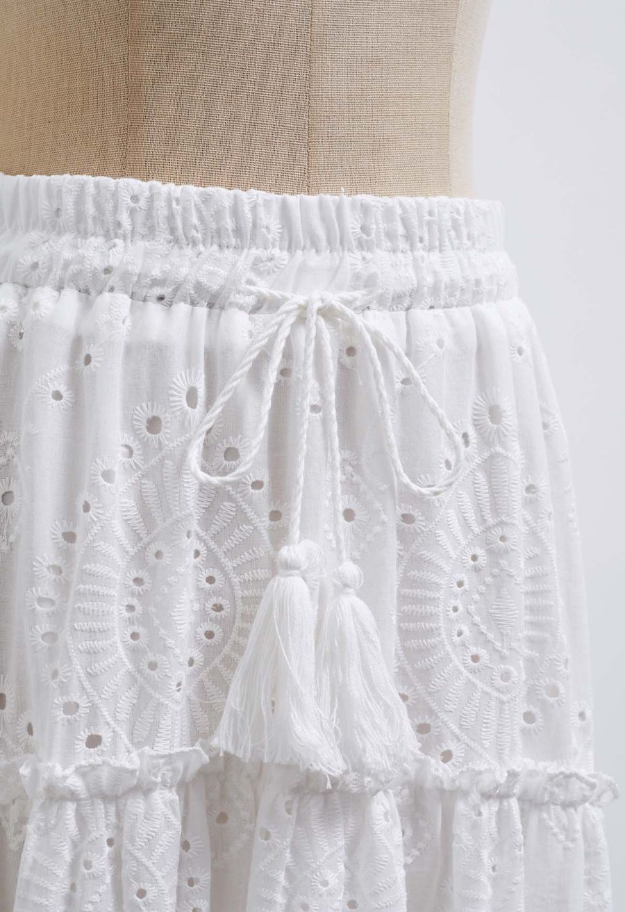 Eyelet Embroidery Tassel String Maxi Skirt in White